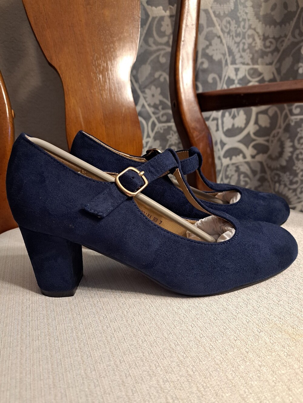 Navy Suede Block Heels - Picture 3 of 11